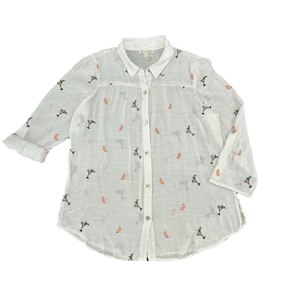 Fig + Flower White Button Front Blouse M Cocktail Print‎ Sheer Lightweight